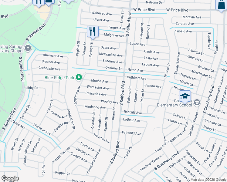 map of restaurants, bars, coffee shops, grocery stores, and more near 4121 Worcester Avenue in North Port