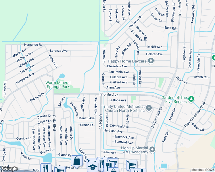 map of restaurants, bars, coffee shops, grocery stores, and more near 8864 Alam Avenue in North Port