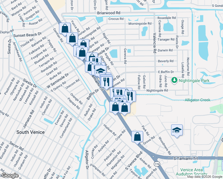 map of restaurants, bars, coffee shops, grocery stores, and more near 2049 Englewood Road in Venice