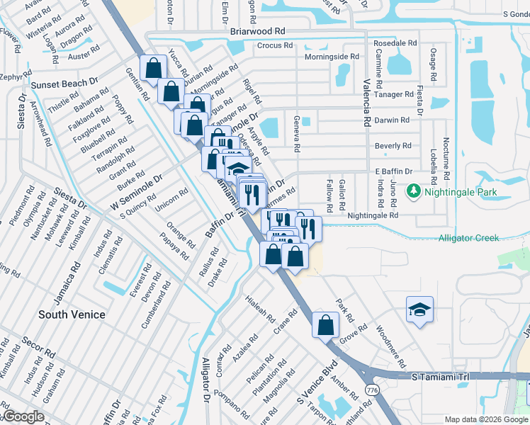 map of restaurants, bars, coffee shops, grocery stores, and more near 2049 Englewood Road in Venice