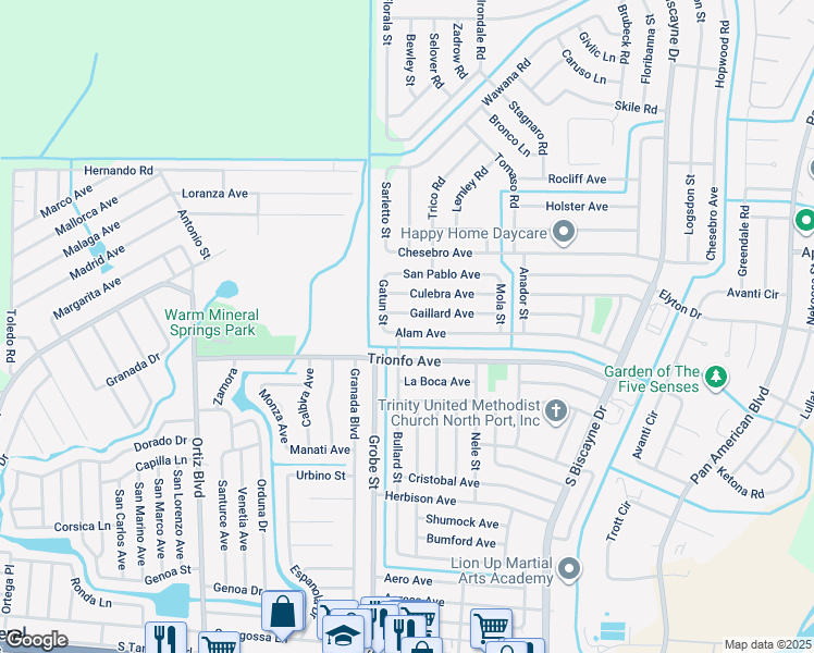 map of restaurants, bars, coffee shops, grocery stores, and more near 8864 Alam Avenue in North Port