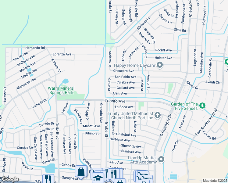map of restaurants, bars, coffee shops, grocery stores, and more near 8864 Alam Avenue in North Port
