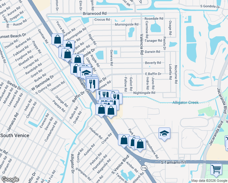 map of restaurants, bars, coffee shops, grocery stores, and more near 255 Nightingale Road in Venice