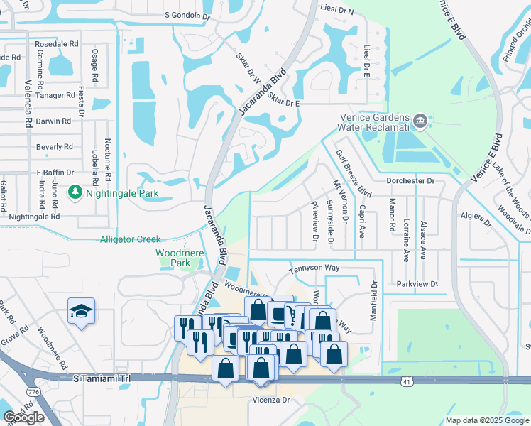 map of restaurants, bars, coffee shops, grocery stores, and more near 568 Whippoorwill Dr in Venice
