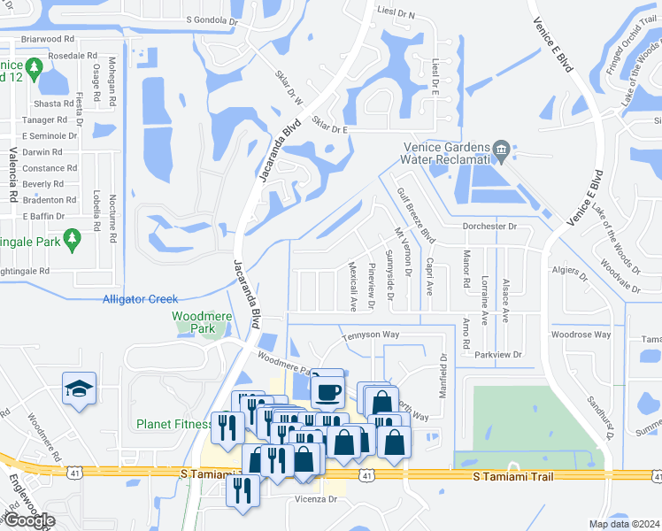 map of restaurants, bars, coffee shops, grocery stores, and more near 552 Whippoorwill Drive in Venice