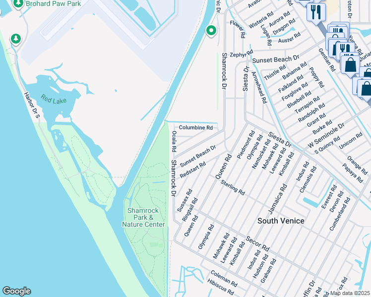 map of restaurants, bars, coffee shops, grocery stores, and more near 3464 Shamrock Drive in Venice