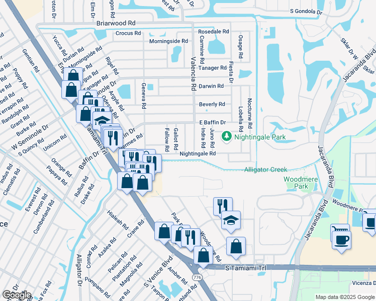map of restaurants, bars, coffee shops, grocery stores, and more near 455 Nightingale Road in Venice