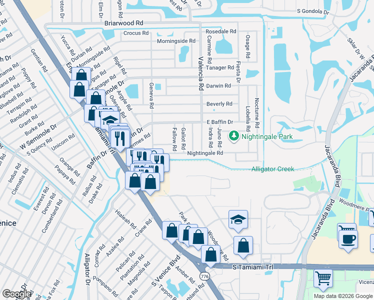 map of restaurants, bars, coffee shops, grocery stores, and more near 455 Nightingale Road in Venice