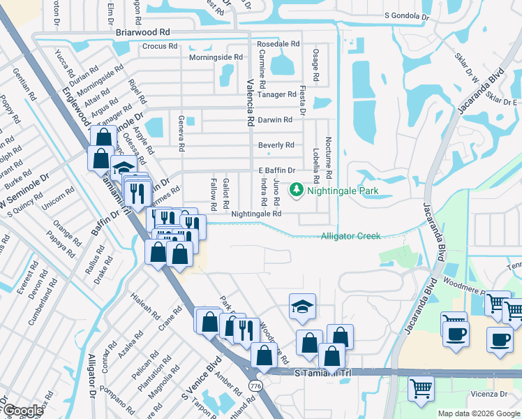 map of restaurants, bars, coffee shops, grocery stores, and more near 552 Nightingale Road in Venice