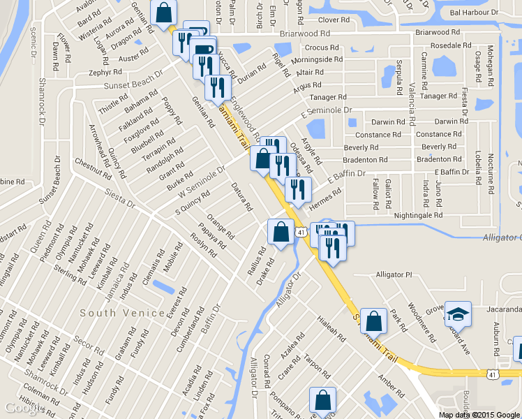 map of restaurants, bars, coffee shops, grocery stores, and more near 3285 Datura Road in Venice