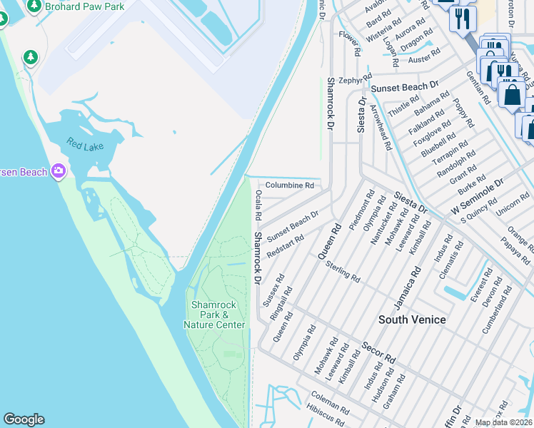map of restaurants, bars, coffee shops, grocery stores, and more near 3464 Shamrock Drive in Venice