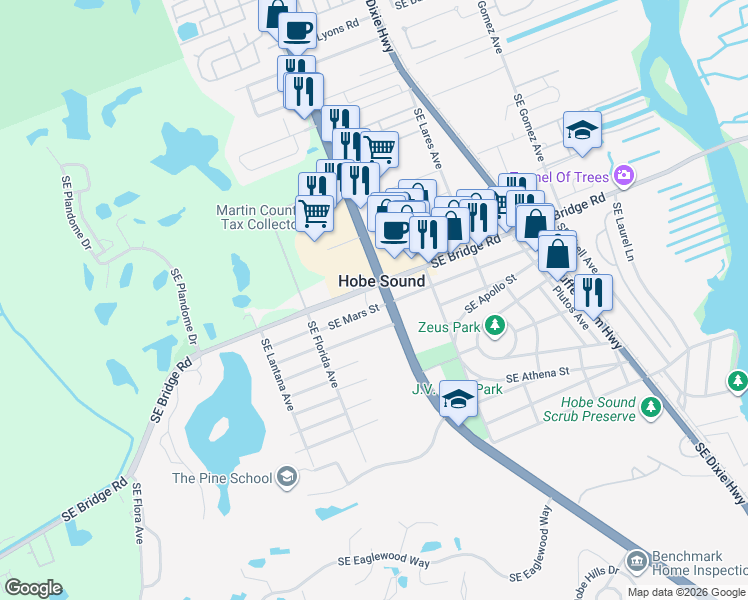 map of restaurants, bars, coffee shops, grocery stores, and more near 11910 Southeast Federal Highway in Hobe Sound