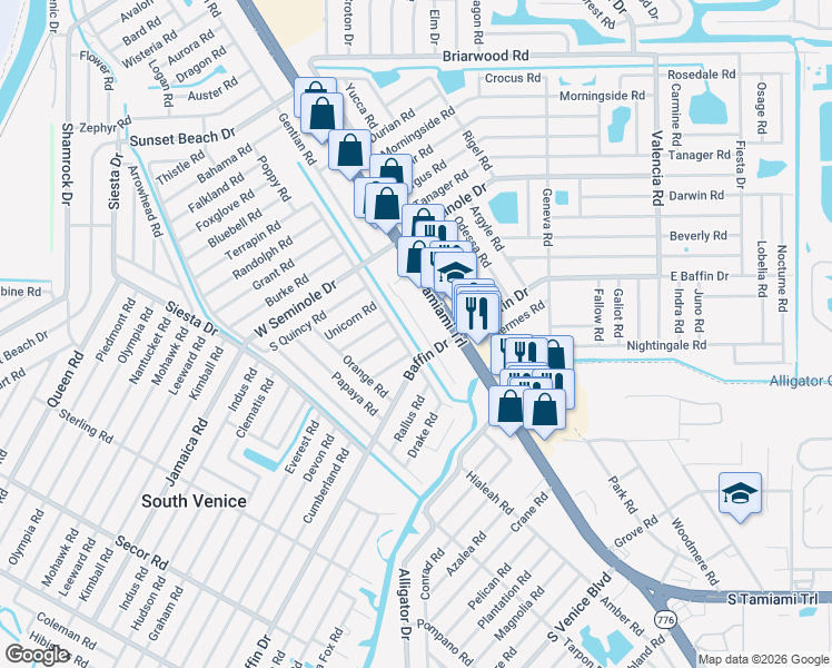 map of restaurants, bars, coffee shops, grocery stores, and more near 3285 Datura Road in Venice
