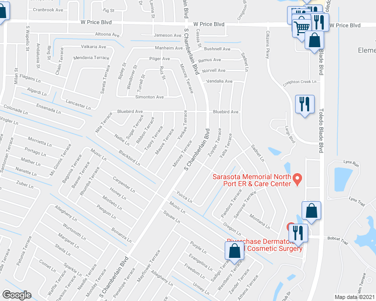 map of restaurants, bars, coffee shops, grocery stores, and more near 2192 Mincey Terrace in North Port