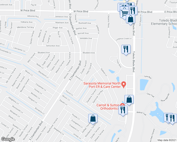 map of restaurants, bars, coffee shops, grocery stores, and more near 2171 Yalta Terrace in North Port