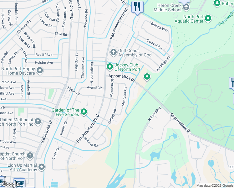 map of restaurants, bars, coffee shops, grocery stores, and more near 3365 Lullaby Road in North Port