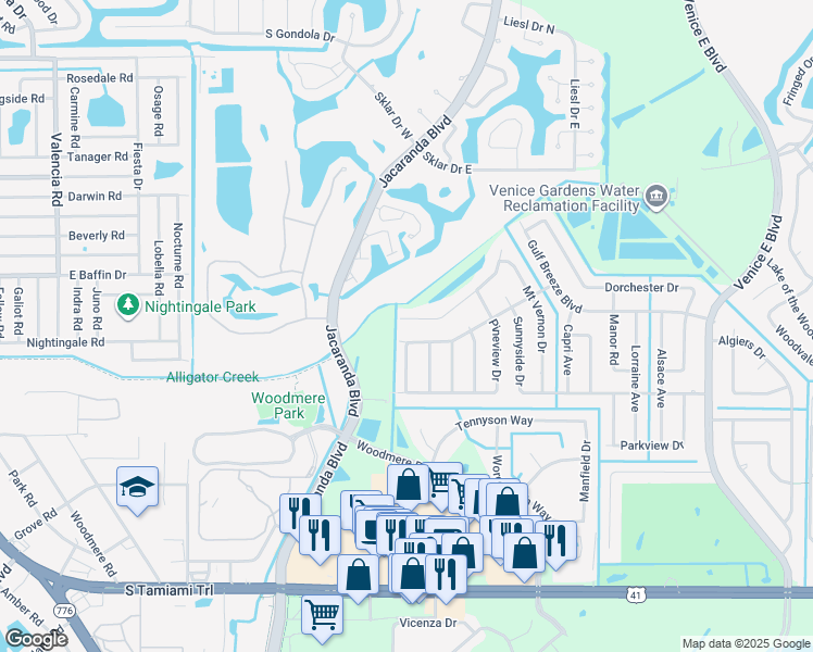 map of restaurants, bars, coffee shops, grocery stores, and more near 568 Whippoorwill Drive in Venice