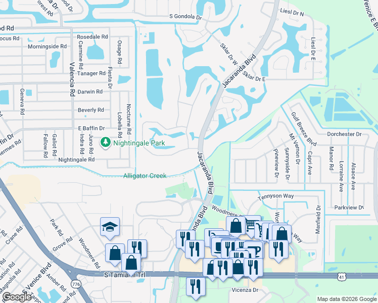 map of restaurants, bars, coffee shops, grocery stores, and more near 904 South Doral Lane in Venice