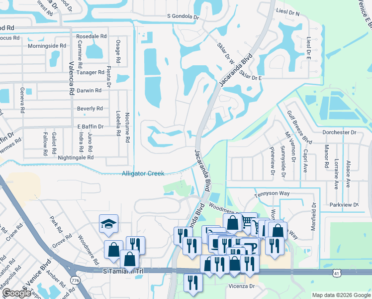 map of restaurants, bars, coffee shops, grocery stores, and more near 904 South Doral Lane in Venice