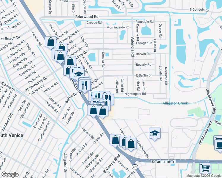 map of restaurants, bars, coffee shops, grocery stores, and more near 255 Nightingale Road in Venice
