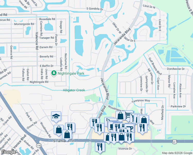 map of restaurants, bars, coffee shops, grocery stores, and more near 904 South Doral Lane in Venice
