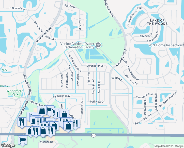 map of restaurants, bars, coffee shops, grocery stores, and more near 285 Lorraine Avenue in Venice