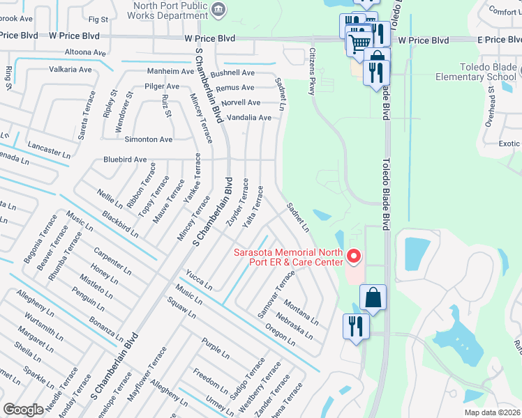 map of restaurants, bars, coffee shops, grocery stores, and more near 2171 Yalta Terrace in North Port
