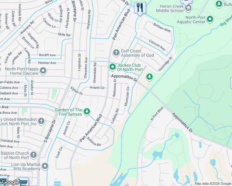map of restaurants, bars, coffee shops, grocery stores, and more near 3481 Nekoosa Street in North Port
