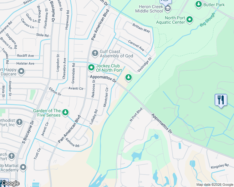 map of restaurants, bars, coffee shops, grocery stores, and more near 3283 Mill Run Court in North Port