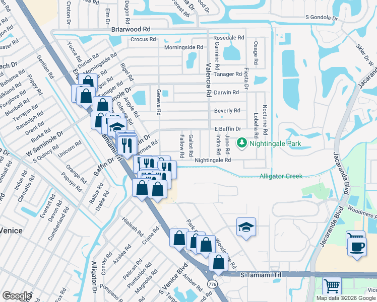 map of restaurants, bars, coffee shops, grocery stores, and more near 365 Nightingale Road in Venice