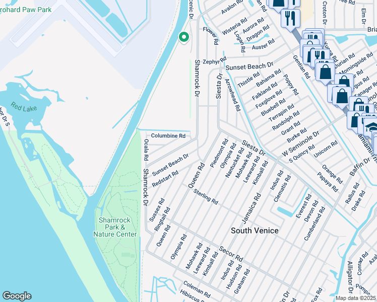map of restaurants, bars, coffee shops, grocery stores, and more near 1076 Redstart Road in Venice