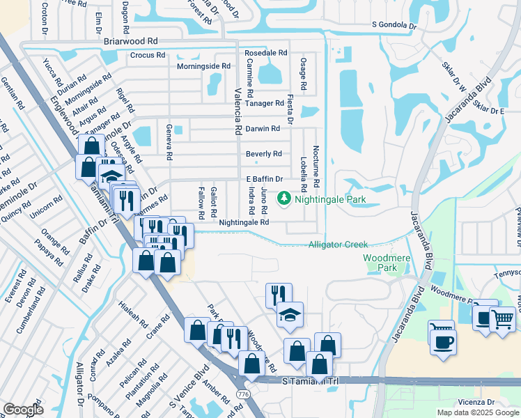 map of restaurants, bars, coffee shops, grocery stores, and more near 552 Nightingale Road in Venice