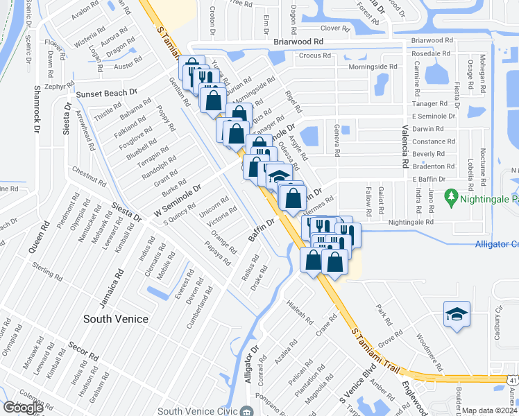 map of restaurants, bars, coffee shops, grocery stores, and more near 3247 Virginia Road in Venice