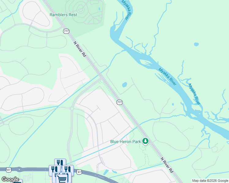 map of restaurants, bars, coffee shops, grocery stores, and more near North River Road in Venice