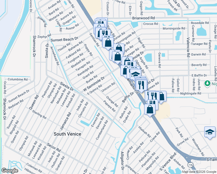 map of restaurants, bars, coffee shops, grocery stores, and more near 230 Unicorn Road in Venice