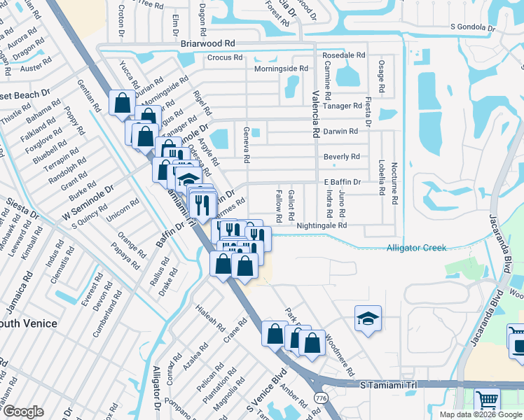 map of restaurants, bars, coffee shops, grocery stores, and more near 3155 Geneva Road in Venice