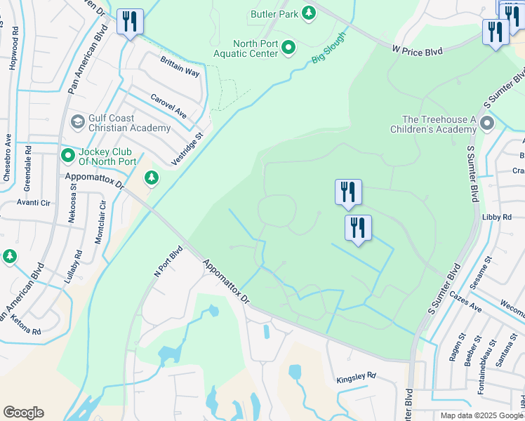map of restaurants, bars, coffee shops, grocery stores, and more near 5195 Blue Heron Circle in North Port