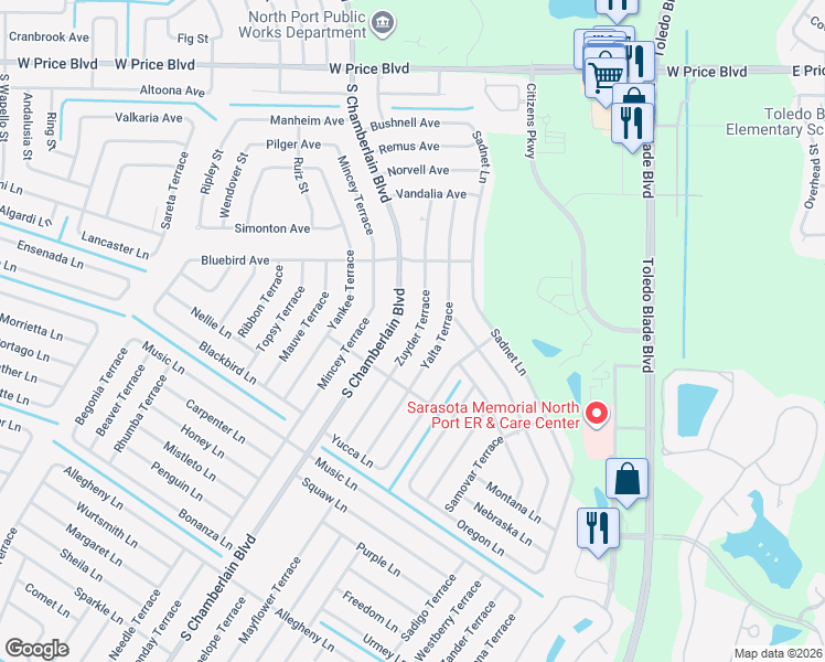 map of restaurants, bars, coffee shops, grocery stores, and more near 2083 South Chamberlain Boulevard in North Port