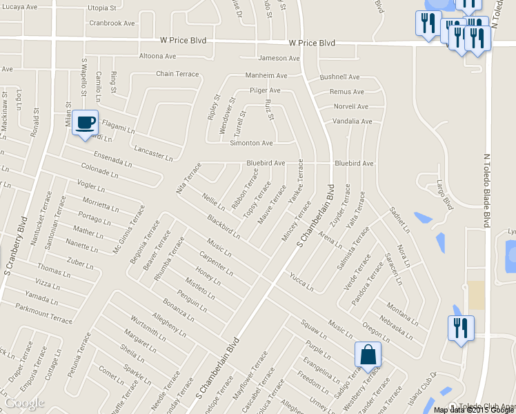 map of restaurants, bars, coffee shops, grocery stores, and more near 2171 Topsy Terrace in North Port