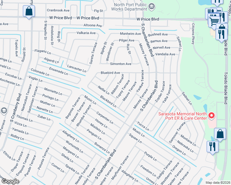 map of restaurants, bars, coffee shops, grocery stores, and more near 2128 Sugar Terrace in North Port