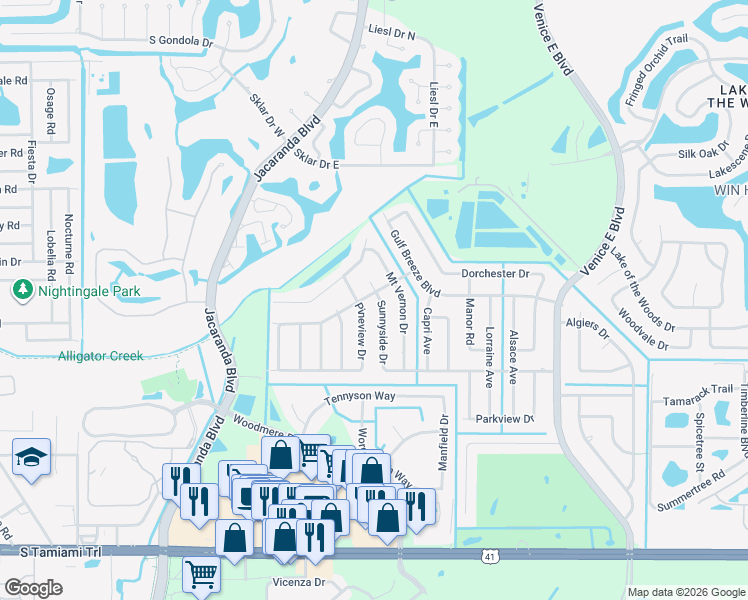 map of restaurants, bars, coffee shops, grocery stores, and more near 479 Sunnyside Drive in Venice