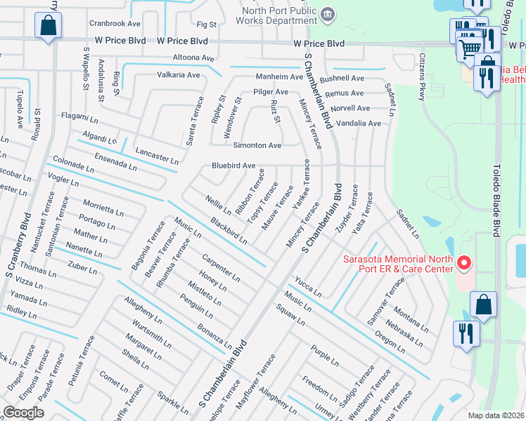 map of restaurants, bars, coffee shops, grocery stores, and more near 2171 Topsy Terrace in North Port