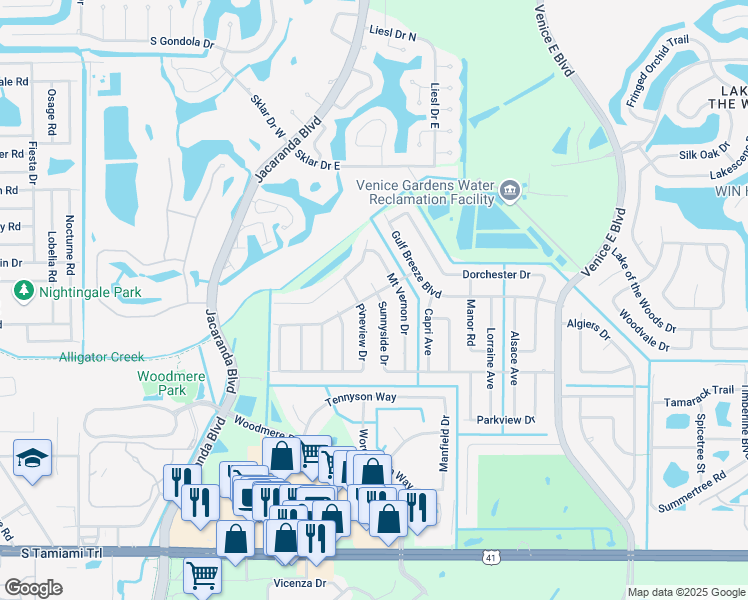 map of restaurants, bars, coffee shops, grocery stores, and more near 479 Sunnyside Drive in Venice