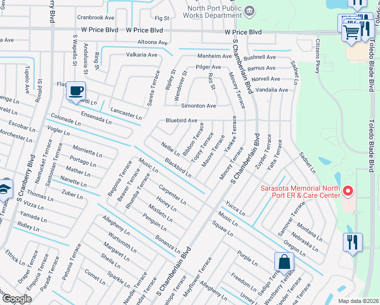 map of restaurants, bars, coffee shops, grocery stores, and more near 2128 Sugar Terrace in North Port