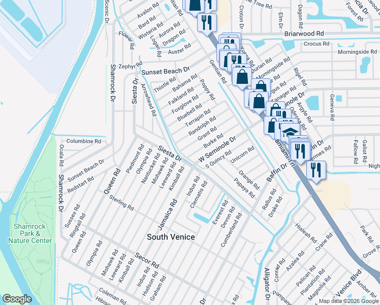 map of restaurants, bars, coffee shops, grocery stores, and more near 550 Burke Road in Venice