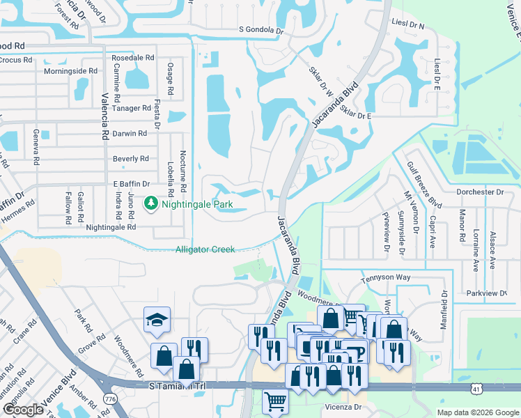 map of restaurants, bars, coffee shops, grocery stores, and more near 907 South Doral Lane in Venice