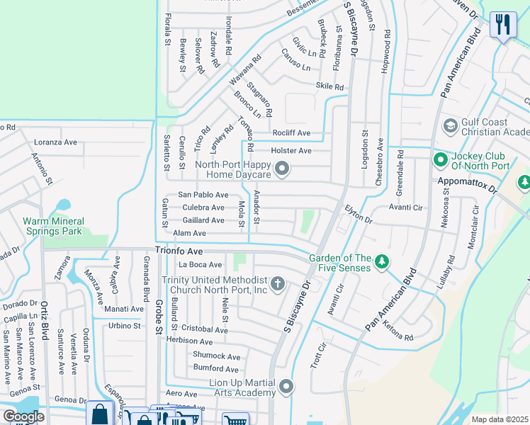map of restaurants, bars, coffee shops, grocery stores, and more near 8270 Lombra Avenue in North Port