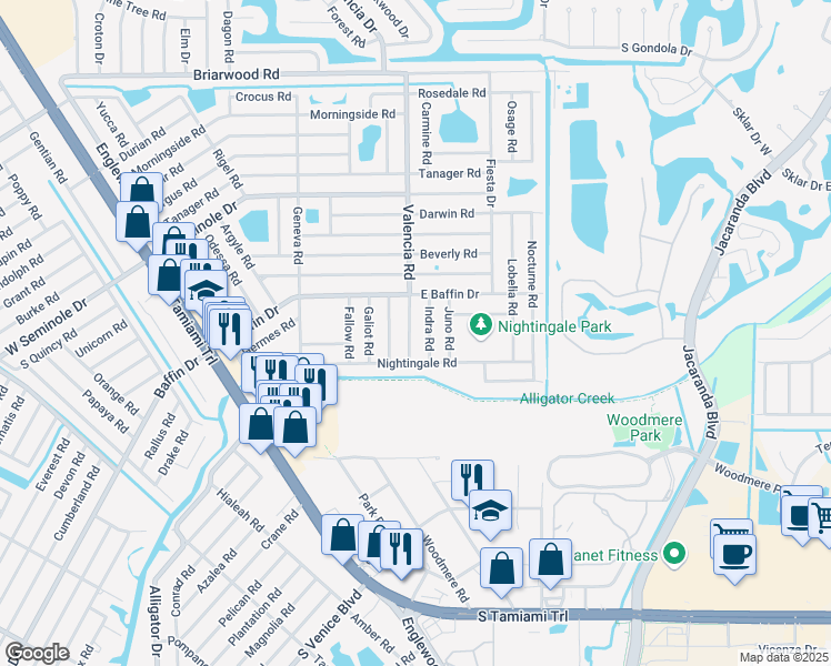map of restaurants, bars, coffee shops, grocery stores, and more near 3156 Indra Road in Venice