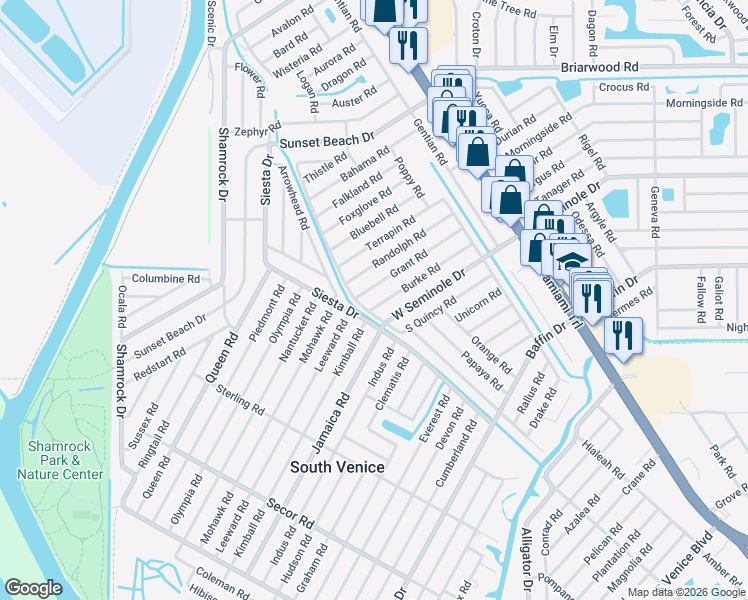 map of restaurants, bars, coffee shops, grocery stores, and more near 550 Burke Road in Venice