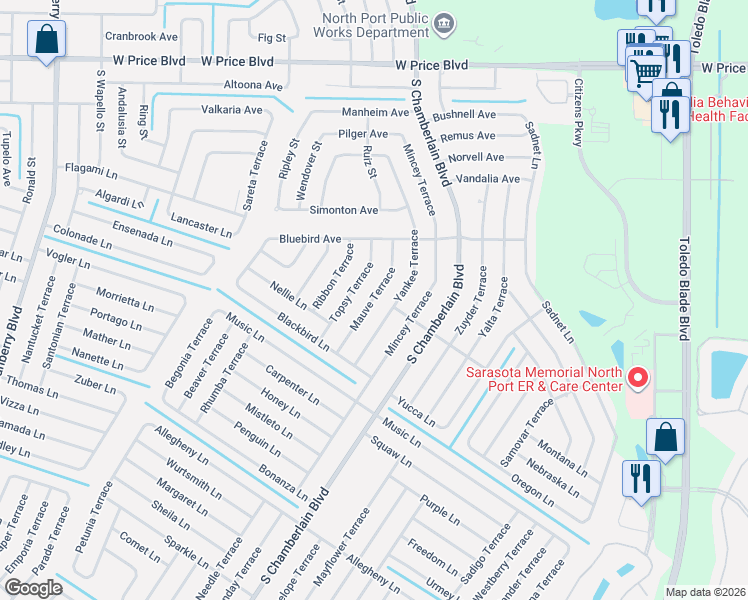 map of restaurants, bars, coffee shops, grocery stores, and more near 2133 Mauve Terrace in North Port